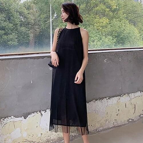 Summer Temperament Knee-Length Dress Women Solid Color Sleeveless Loose Chiffon Dresses Vestidos