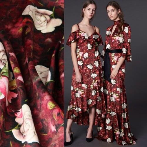 118cm wide 19mm 93% silk & 7% spandex pink floral print red stretch silk satin fabric for dress shirt clothes cheongsam D746
