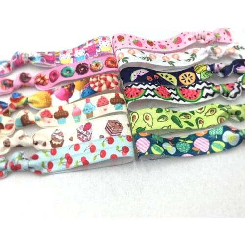 Party Webbing 40pcs/Lot 5/8"Fruit Cake Print Fold Over Elastic Band Hair Tie FOE Ribbon Bracelet Ponytail Holder