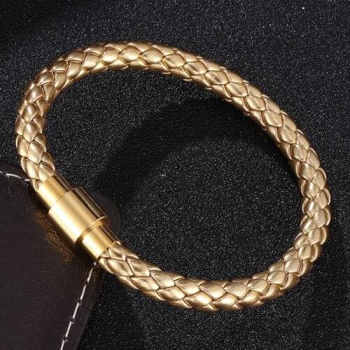 6mm Golden Braided Leather Bracelet Men Women Stainless Steel Magnetic Buckle Bangles Rope Chain Fashion Jewelry Drop Shipping