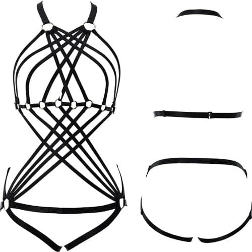 Black Body Harness Belt Sexy Lingerie Set Goth Rave Wear Bodysuit Punk Harness Bra Women Bondage Cage Adjust Panties G-String