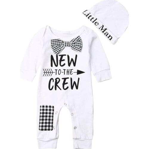 Kids Baby Boys Romper Newborn Clothes Infant Bowknot Long Sleeve Cotton Romper+Hat Autumn Toddler Boys Jumpsuit Outfit 2pcs