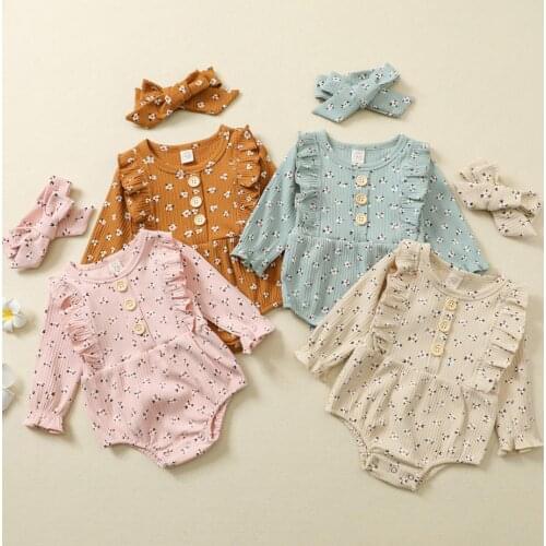 Fall Spring Baby Floral Print Clothes Long Sleeve O-neck Jumpsuit with Ruffles Bow-knot Headband Baby Girls Rompers