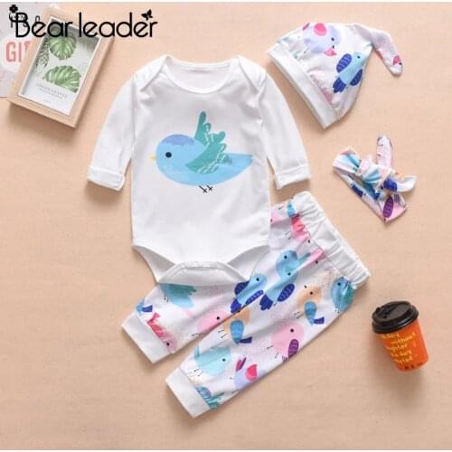 Bear Leader Kids Cartoon Print Clothing Sets New Fashion Girls Boys Bird Pattern Clothes with Hat and Hairband Baby Costumes
