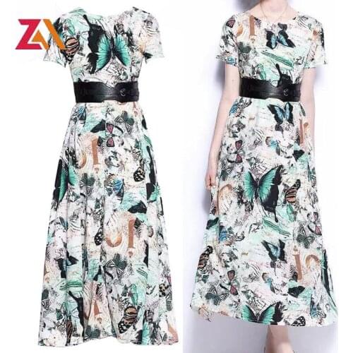 Designer Runway Summer Maxi Dress Vintage Butterfly Print Short Sleeve Belt Holiday Plus Size 2XL Women Dresses Mujer vestidos