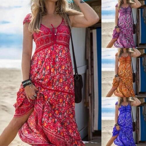 Long Dress Elegant Womens Dress Women Dress Floral Print Lace-up Vintage Sleeveless Large Hem Bohemian Maxi Dress for Beach