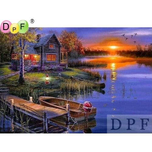 DPF diamond embroidery Sunset house and boat diamond painting cross stich diamond mosaic square needlework home decor pattern