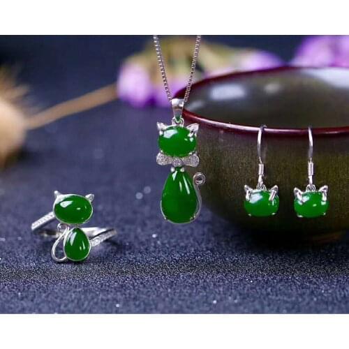 Hetian Biyu Silver set three-piece set Jasper cat set j18