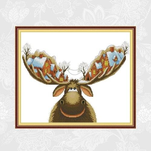Joy Sunday Christmas Cottage On Antlers Painting Counted Printed on Canvas Cross Stitch kits Needlework Embroidery Crafts
