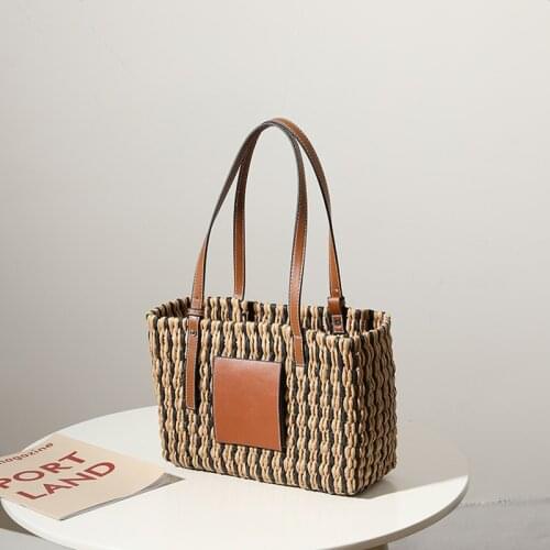 Fashion Pu Leather Splice Straw Bags for Women Striped Woven Handbag Woman Large Paper Rope Braided Shoulder Bag Beach Tote 2021