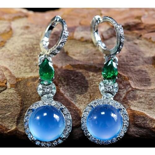 Fashion Silver Plated Sea Blue Stone Drop Earrings Micro Paved Rhinestone Dangle Earrings For Women Wedding Party Jewelry B4D440