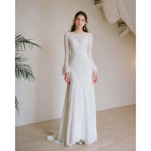 Muslin O-Neck Flare Sleeve Beach Boho Photoshoot Wedding Dress Lace Beach Bohemain 2021 New Sheath Bridal Gown Wedding Dress
