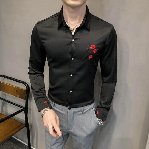 Rose Embroidery Shirts for Men Formal Business Dress Shirts Long Sleeve Slim Fit Casual Shirt Stage Singer DJ Blouse Streetwear