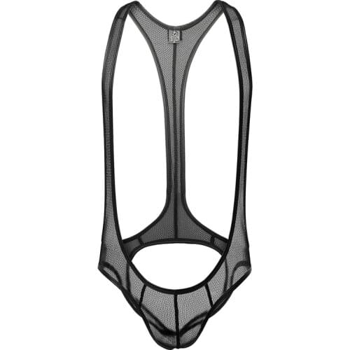 Mens See Through Gay Fetish Unershirt Soft Nylon Bodysuit Mesh Transparent T-back Wrestling Singlet Backless Sissy Bodysuit