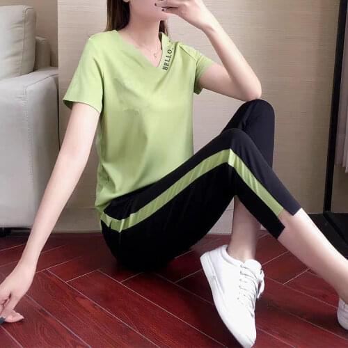 New 2021 Summer Womens Clothes Suit Casual Sports Two Pieces T-Shirts Elastic Waist Sweatshirt Pants Tracksuit Plus Size Hot
