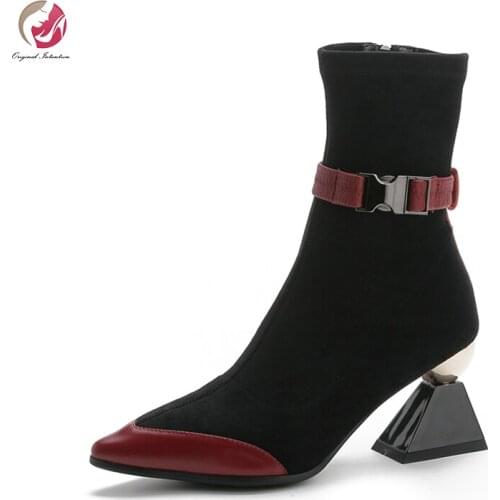 Original Intention Popular New Mixed Color Ankle Boots Woman Red Black Pointed Toe Genuine Leather Boots High Quality Sexy Shoes