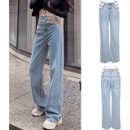 Streetwear Side Chain Hollow Out Wide-Leg WomenS Jeans High Waist Pants Sexy Elegant Ladies Europe Fashion Jeans
