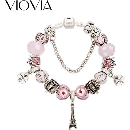 VIOVIA New Pink Crystal Crown Beads Eiffel Tower Charm Bangles & Bracelets With Safety Chain Bracelet for Women Jewelry B17075