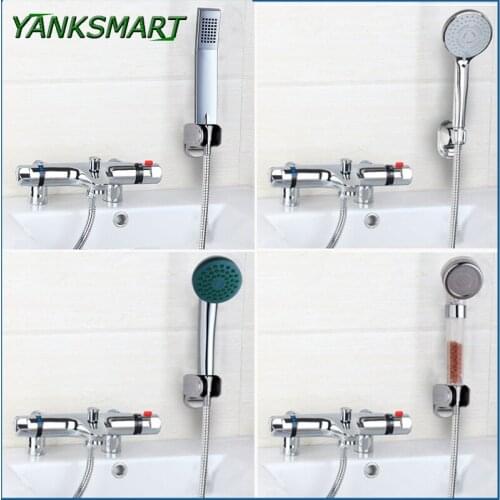 YANKSMART Bathroom Deck Mounted Two Handle Thermostatic Shower Mixer Faucet Hand Shower Taps Chrome polished