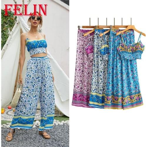 Za Summer Boho Kaftan Women Sets 2 Pieces Fashion 2021 Floral Print Sexy Cropped Tops Women and Loose High Waist Pants Women