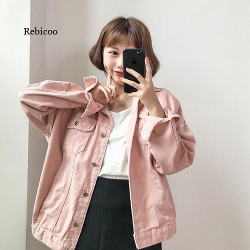 Women Denim Jacket Fall Long Sleeve Turn Down Collar Vintage Female Jeans Jackets Coat Loose Streetwear Pink Chaqueta Mujer