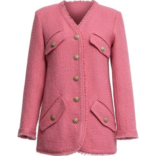 Vintage small fragrance tweed woven jacket women v-neck single breasted loose thick top jacket plus size 2XL