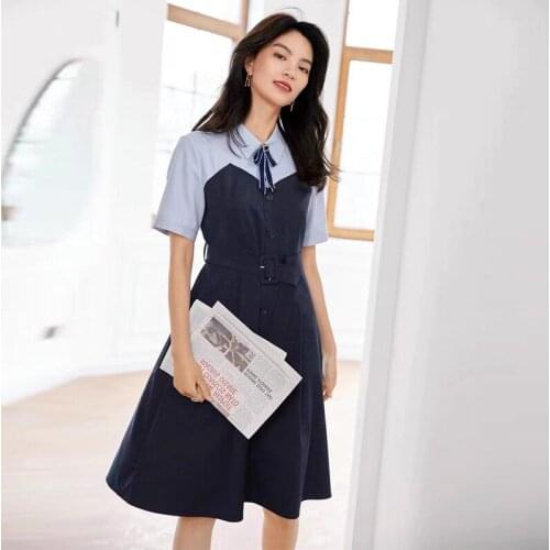 Summer Dress Female Patchwork Casual Womens Dresses Button Bow Office 2021 Short Sleeve Sashes Party Dresses Summer 2021 Ladies