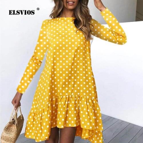 ELSVIOS 2019 Autumn long sleeve mini dress Women Polka dot print Loose ruffles dress Ladies casual o neck party dresses vestidos