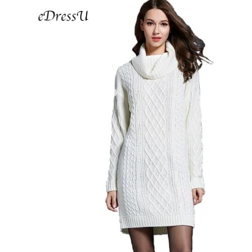 2019 Women Long Pullovers Turtleneck Sweater Autumn Winter Knitted Dress Sweater Elegant White Pullover Outwear Jacket YH-1