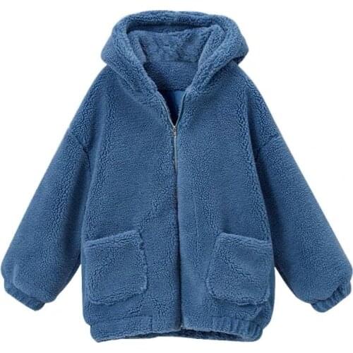 2020 Winter Lamb Plush Casual Solid Color Zipper Girl Cotton Clothing Mid-length Loose Hooded Plus Velvet Thickened Women Coat