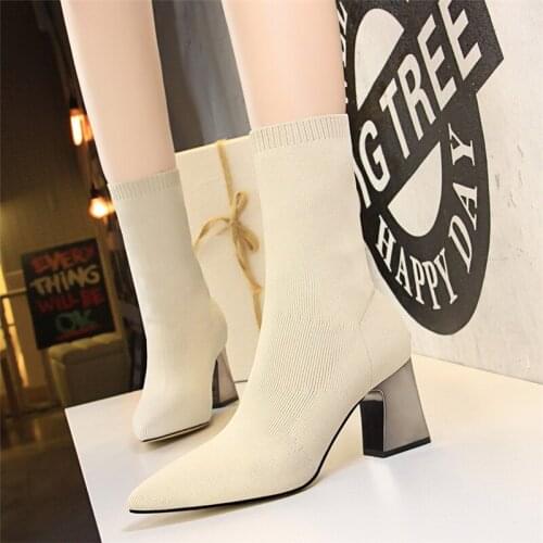 Designer Boots High Heel Boots Sock Boots Thick Heel Pointed Fashion Black High Heels Party Shoes For Women Block Heel Shoes