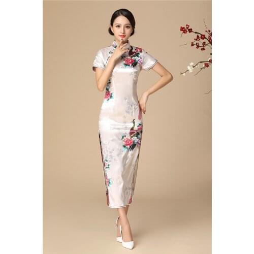 Long Chinese Women Classic Qipao Satin Evening Party Dresses Vintage Button Modern Cheongsam