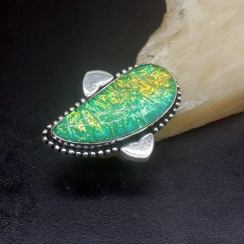 Gemstonefactory Jewelry Big Promotion Single Unique 925 Silver Charm Green Dichroic Glass Women Men Gifts Rings 7# 20213111