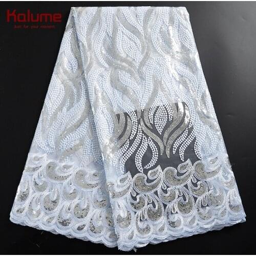 Kalume Pure White African Lace Fabric Sequins French Mesh Net Lace Fabric High Quality Nigerian Lace Fabric For Wedding F2303