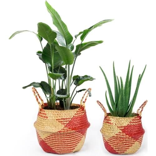 Seagrass Storage Basket Natural Woven Garden Flower Pot Plant Basket Nordic Foldable Laundry Basket Wicker Rattan Container