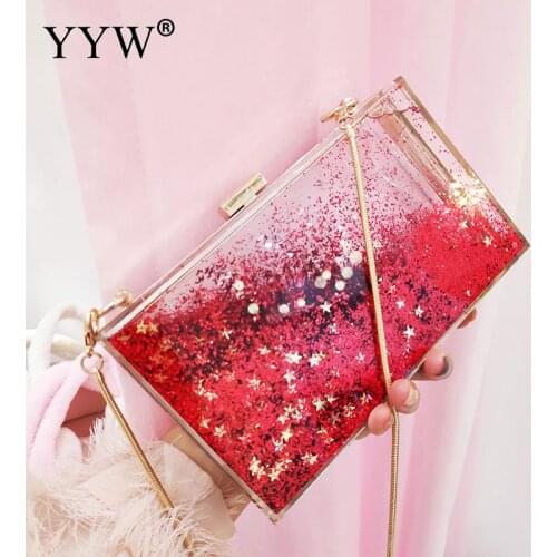 Red Sequined Transparent Clutch Women Pvc Box Bag Women Party Evening Purse Shoulder Bags Hard Day Clutches Bags Wedding New