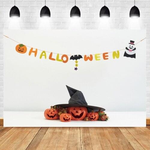 Laeacco Happy Halloween Vinyl Backdrop Pumpkin Hat Poster Family Child Portrait White Wall Photography Background Photo Studio