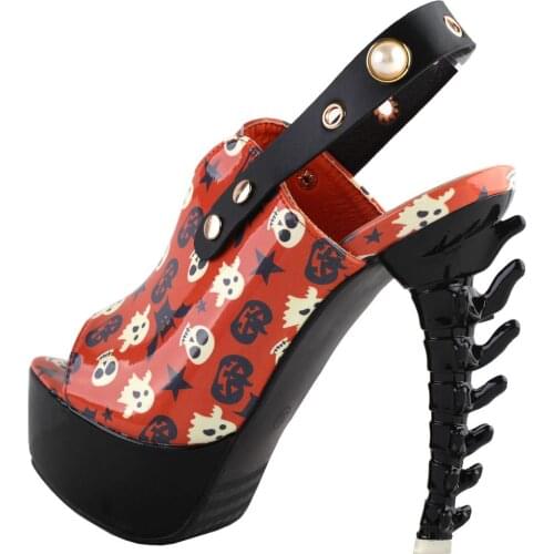 LF80701 Punk Orange Black Helloween Theme Studs Slingback Gladiator Platform Bone Heels Club Pumps