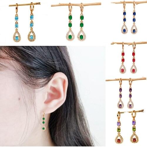 Trendy Gold Copper Dangle Drop Earrings Green Water Drop Zirconia Stone For Women Girls Fashion Jewelry Accessories Wedding Gif