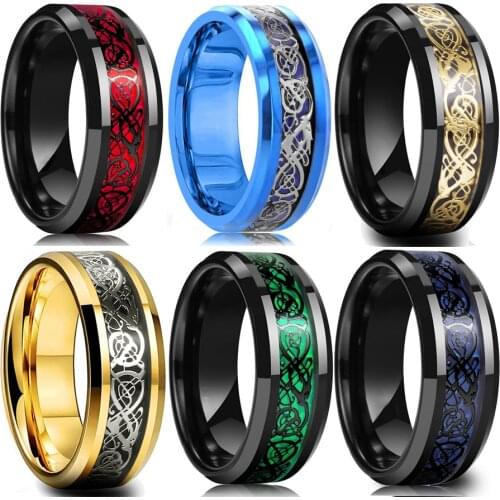 11 Colors 8mm Mens Stainless Steel Celtic Dragon Ring Inlay Red Blue Black Carbon Fiber Ring Wedding Band Jewelry Size 6-13