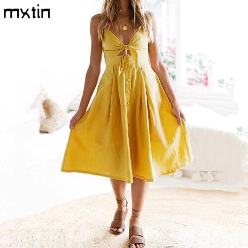 MXTIN 2021 Women Summer Fashion Solid Bow Tie Button Midi Dress Vintage V-Neck Sleeveless Backless Female Dresses Vestidos