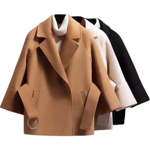 New Women Short Wool Coat Belt Jacket Autumn Winter Womens Woolen Blends Coats Outer clothing High quality Casual Outwear F613