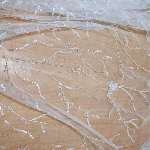 New Silver Light Embroidered Sequins Lace Fabric Wicker Branches Cloth Wedding Dress DIY Decoration