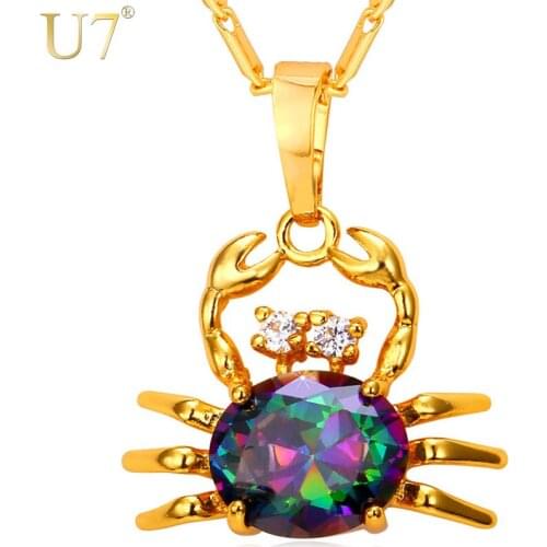 U7 Gold Color Crab Charm Necklace Nautical Sea Life Pendant Women Cubic Zirconia Astrology Cancer Jewelry Birthday Gift P1118