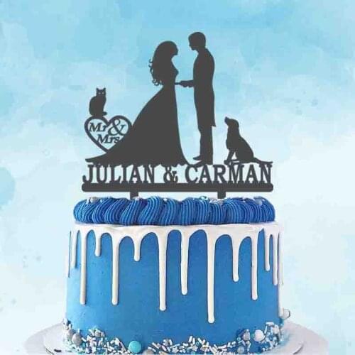 Personalized Couples Name Groom Bride Cute Dog and Cat Silhouettes For Wedding and Wedding Anniversary Party Cake Decoration