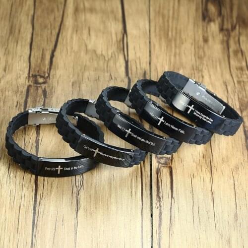 Casual Religious Cross Jesus Scripture Quote Christian Bible Verse Inspirational Faith Love Silicone Bracelets for Men Jewelry