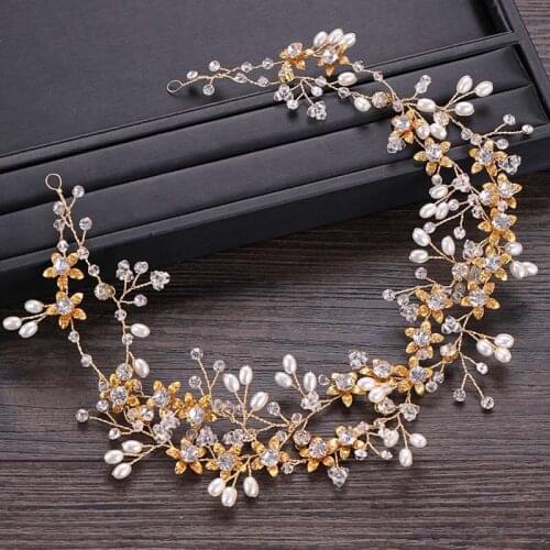 New Fashion Headbands For Women Simple Bride Gold Leaf Crystal Hairbands Simulated Pearls Flower Vine Wedding Hair Accessories