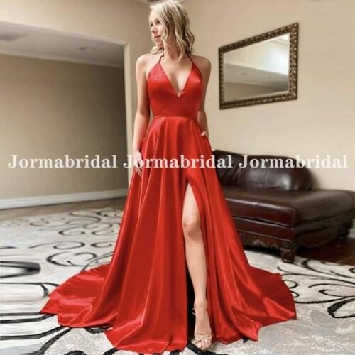 Simply Red Prom Dresses With Pockets Halter Neck Plus Size Women Party Formal Gowns Gorgeous Front High Slit Prom Gowns
