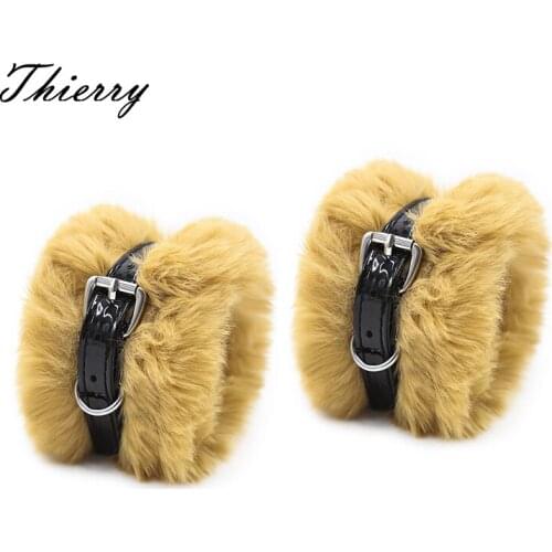 Thierry Adjustable light yellow plush bright black leather wrist Ankle Cuff Bondage Restraints handcuffs Sex Toys for adult game