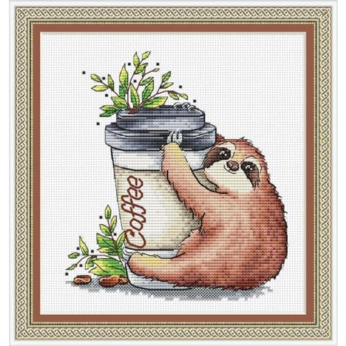 Precise Printing Fishxx Cross Stitch Kit A3282 Sloth Coffee Cartoon Picture Above Restaurant Decoration Hanging Picture